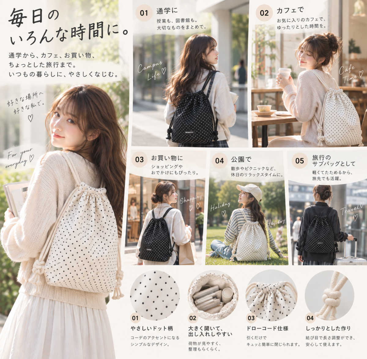 【商品提供】韓国風・ガーリーコーデにぴったり♡ ドット柄ナップサック PRクリエイター募集 - 2