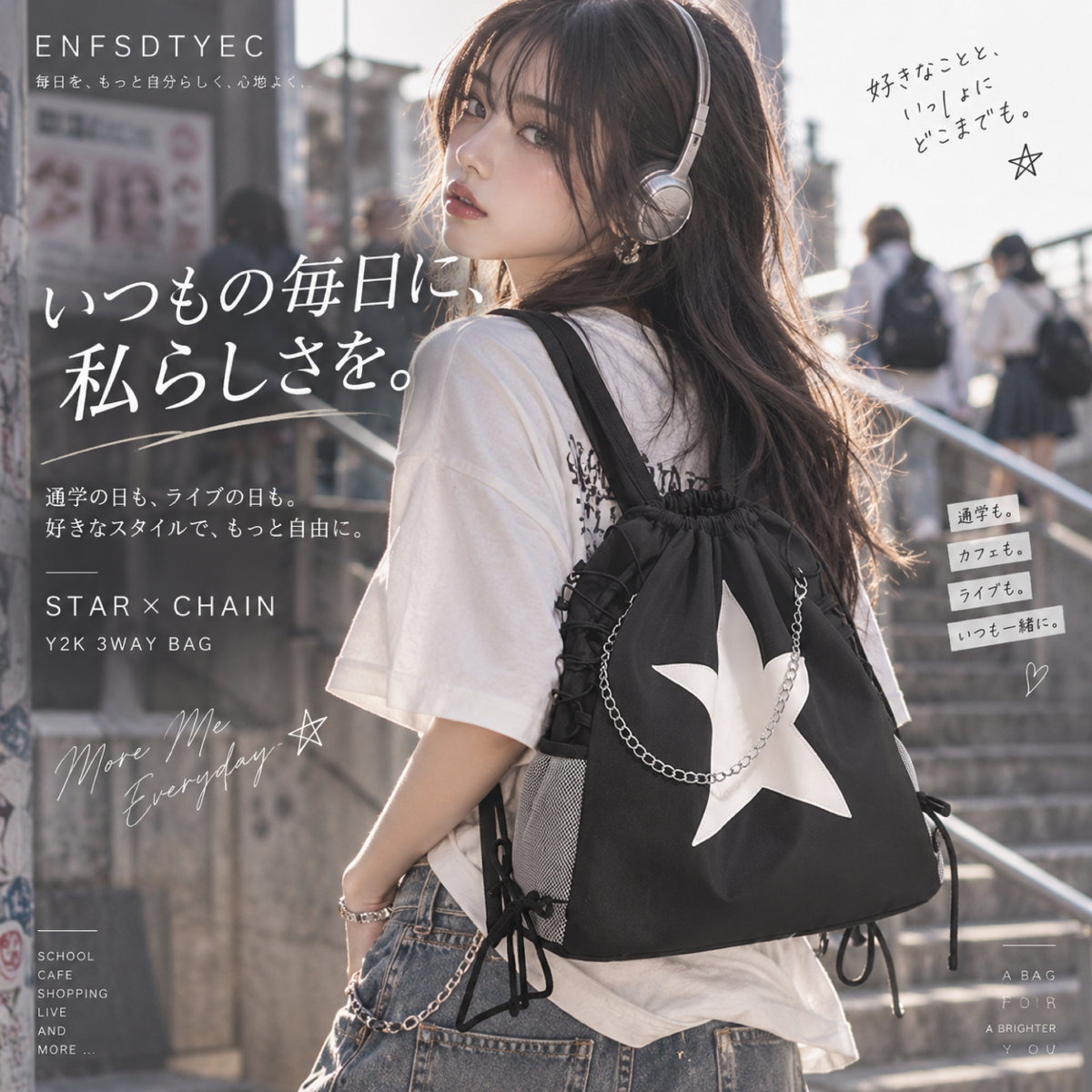【商品提供・送料無料】韓国風・Y2K好きさん募集♡ 星柄チェーン付きナップサックPR - 3