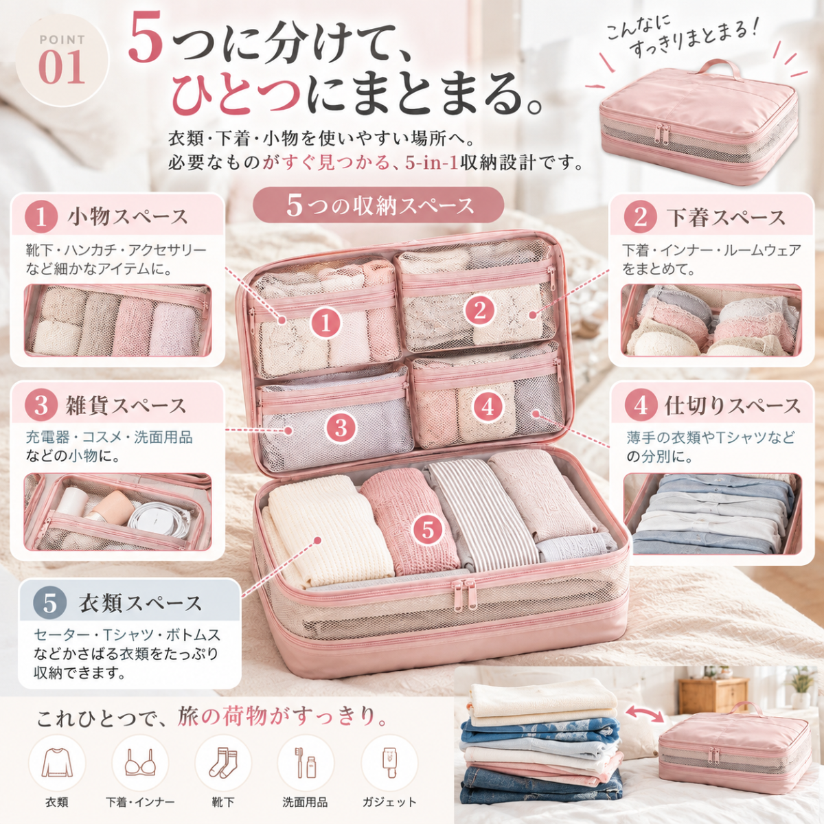 【商品提供・送料無料】旅行好きさん募集♡ 荷造りが楽しくなる5IN1圧縮トラベルポーチPR - 6